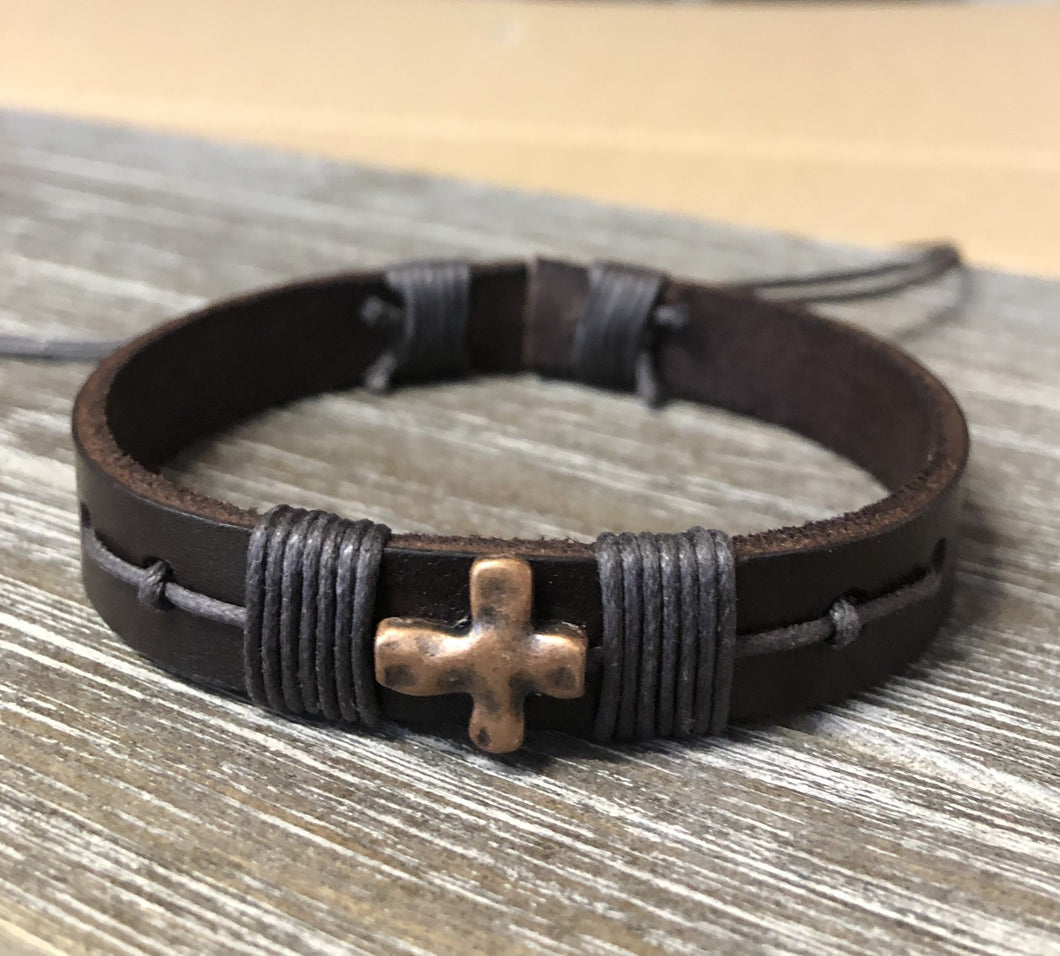 Religious Adjustable Leather Bracelet, Cross Bracelet